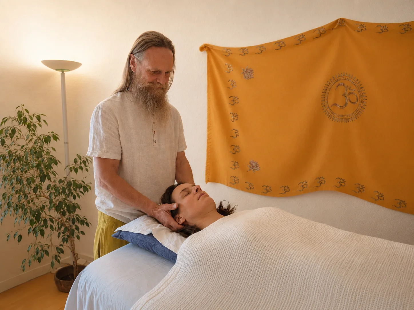 Energetische Arbeit am Massagetisch in warmer, ruhiger Atmosphäre